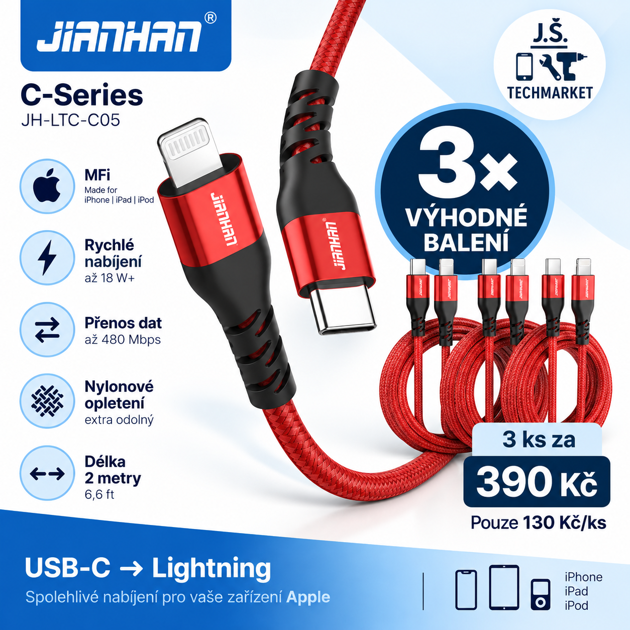 3x JianHan JH-LTC-C05 USB-C / Lightning MFi kabel 2 m – Fast Charge, červený