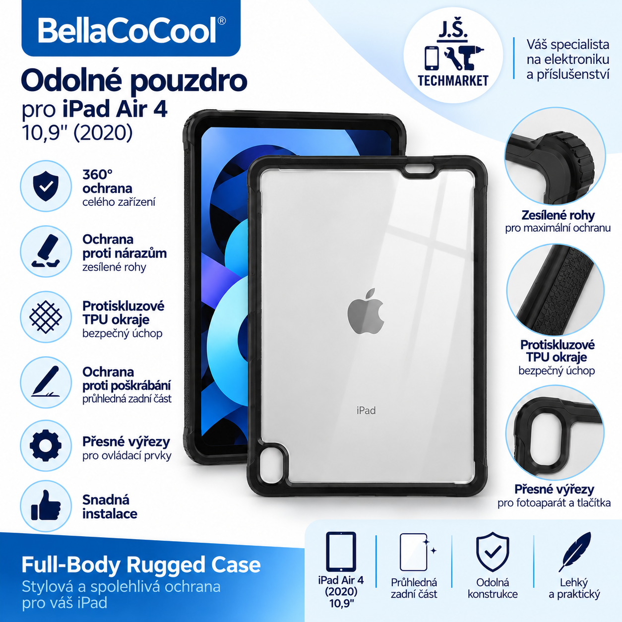 BellaCoCool odolné ochranné pouzdro pro Apple iPad Air 4 10,9" – černé / průhledné