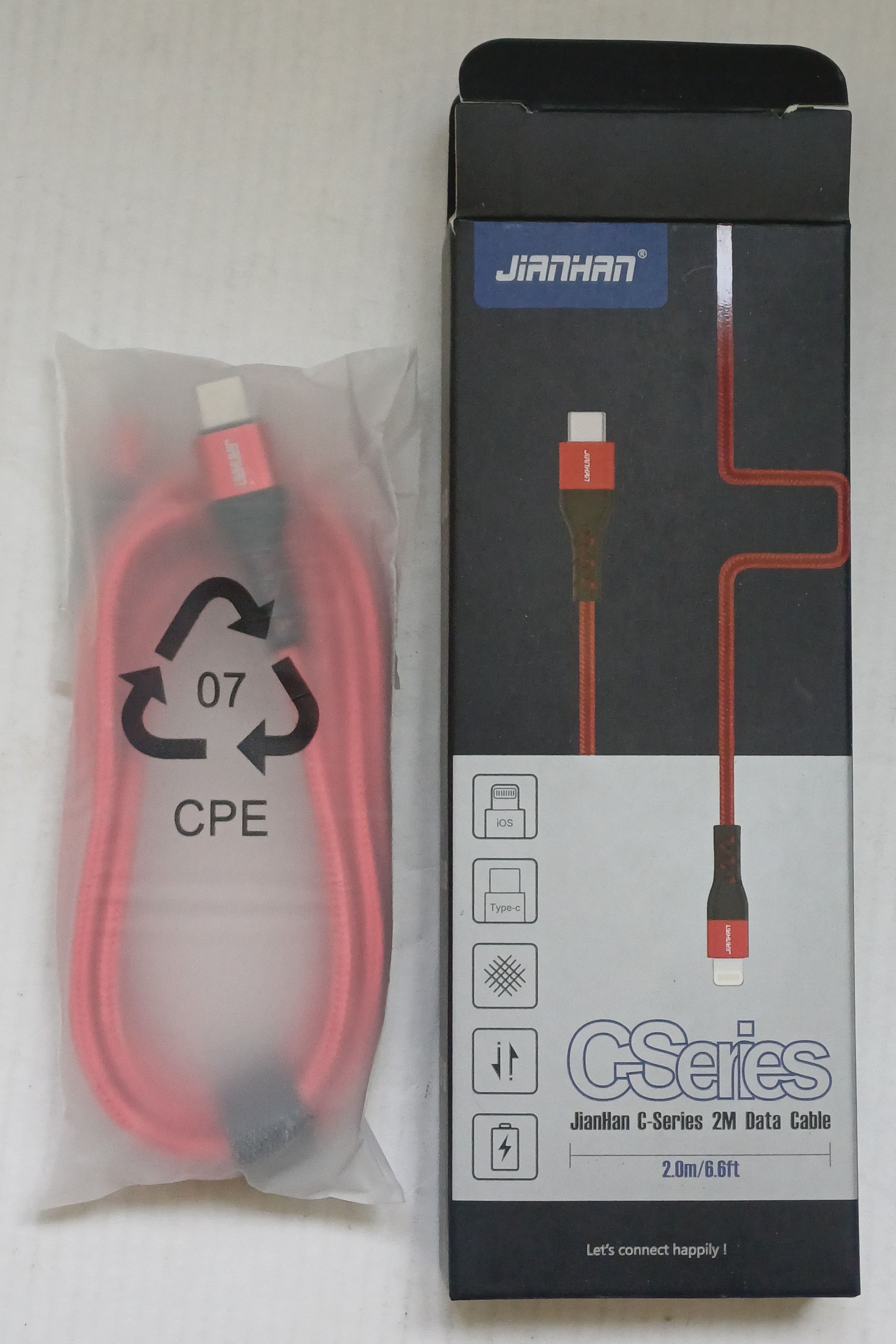 3x JianHan JH-LTC-C05 USB-C / Lightning MFi kabel 2 m – Fast Charge, červený