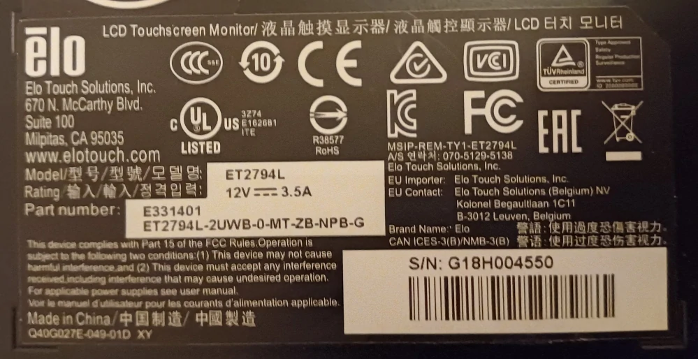 Elo ET2794L – 27" dotykový displej PCAP (10bodový)